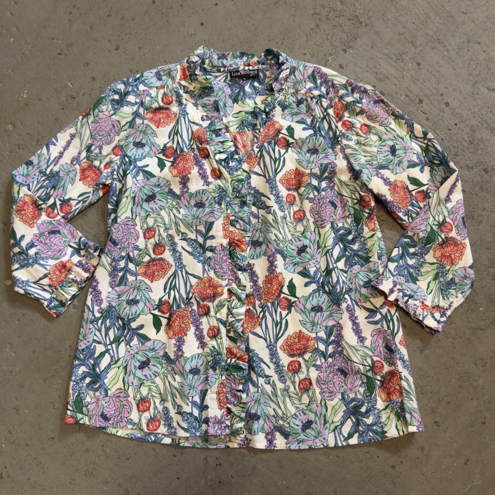Liza Byrd Floral 100% Linen Ruffle V-Neck Button Front Blouse Top Large